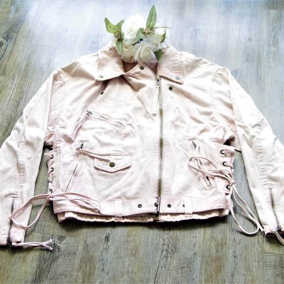 Free People Jackets & Blazers - NEW Free People Lace-Up Denim Pink Moto Jacket